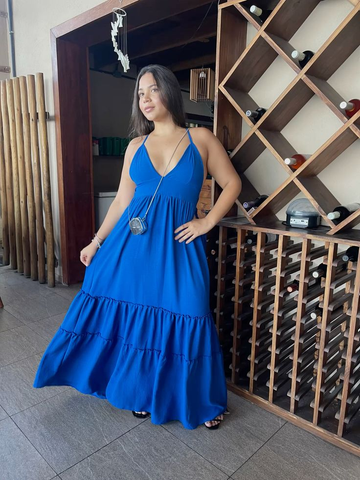 Elegante vestido de noche azul con escote en V y corte en A Y7751