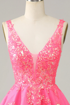 Vestido corto de fiesta de bienvenida con lentejuelas fucsia, escote en V y espalda descubierta Y4093