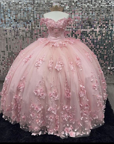 Vestido de quinceañera rosa con hombros descubiertos, corsé y apliques 3D Y6791