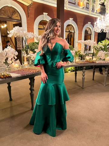 Elegante vestido de noche de sirena verde satinado, vestido formal verde Y6188