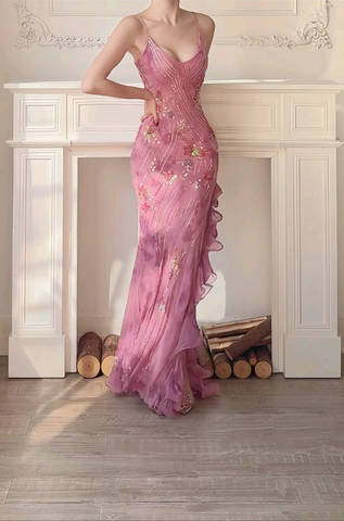 Classy Pink Chiffon Sequins Mermaid Evening Dress Long Prom Dress Y8310