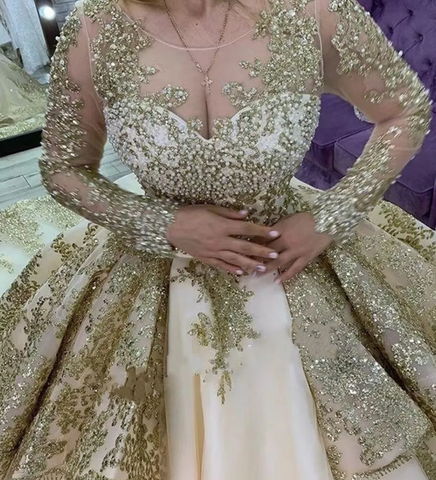 Robe de bal champagne à volants, robe de quinceañera, ornée de sequins et de perles, manches longues, robe de princesse de soirée Y4952