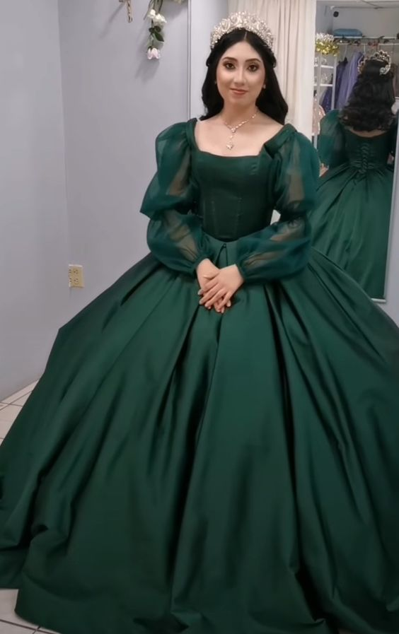 Vestido de gala vintage verde de manga larga, atuendo para el 18 cumpleaños Y7167