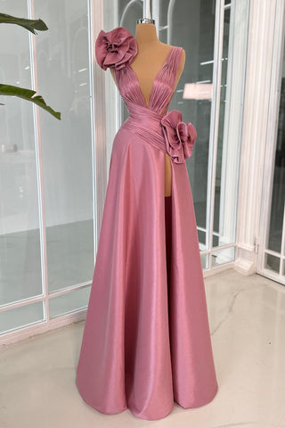 Fabuloso vestido de graduación de satén con escote en V, sin mangas, volantes y abertura, corte en A.