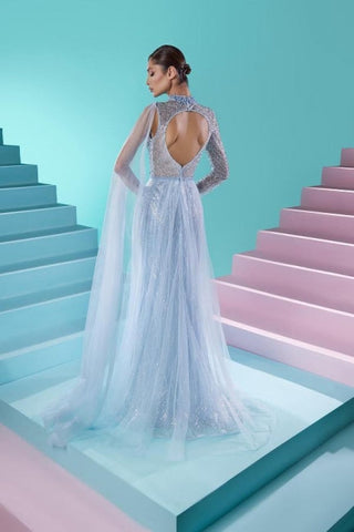 Superbe robe de bal longue trapèze à col haut et manches longues avec perles et fente