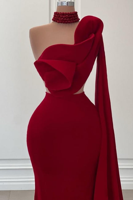 Superbe robe de bal sirène bordeaux longue, asymétrique, sans manches, avec volants