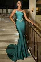 Fabuloso vestido largo de sirena verde, sin mangas y con un solo hombro, para baile de graduación, con brillo.
