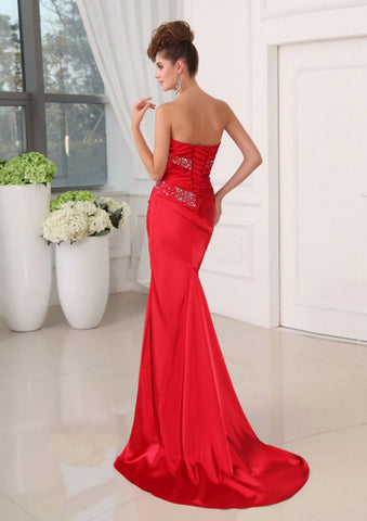 Fabuloso vestido largo rojo de fiesta sin tirantes, con lentejuelas, sin mangas y con cordones