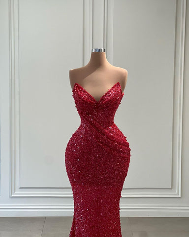 Superbe robe de bal sirène longue rouge à col en V et paillettes sans manches