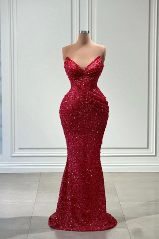 Superbe robe de bal sirène longue rouge à col en V et paillettes sans manches