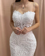 Fabulosos vestidos de novia de sirena con escote corazón, sin mangas, apliques, tul y satén