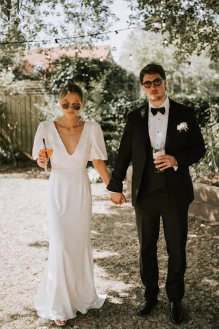 Robe de mariée féerique en satin élastique, coupe trapèze, col en V, style modeste, WD757