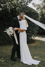 Fairy A Line V Neck Elastic Satin Modest Wedding Dress WD757