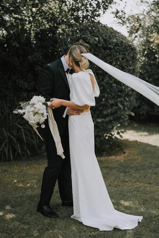 Robe de mariée féerique en satin élastique, coupe trapèze, col en V, style modeste, WD757