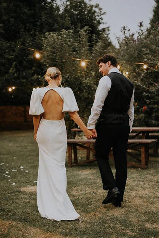 Robe de mariée féerique en satin élastique, coupe trapèze, col en V, style modeste, WD757