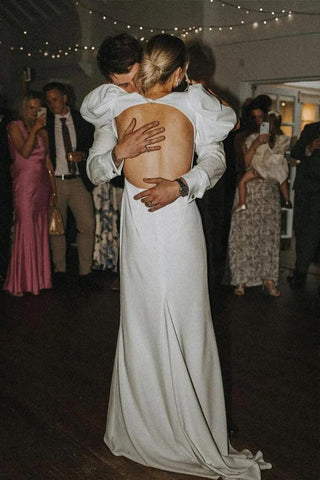 Robe de mariée féerique en satin élastique, coupe trapèze, col en V, style modeste, WD757