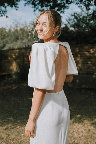 Robe de mariée féerique en satin élastique, coupe trapèze, col en V, style modeste, WD757