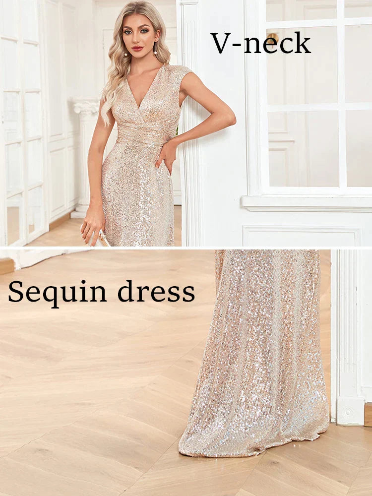 Robe de soirée longue luxueuse à traîne et sequins scintillants, idéale pour les grandes occasions, les bals de promo et les anniversaires.