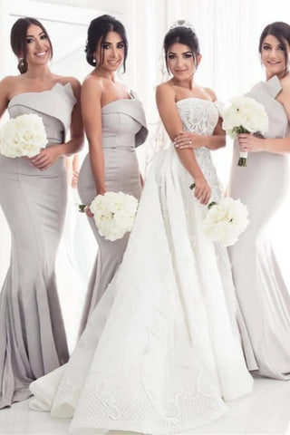 Fantastic Satin Strapless Mermaid Long Bridesmaid Dresses With Train