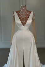 Vestidos de fiesta largos blancos de corte A, cuello alto, encaje brillante, abertura frontal y mangas largas