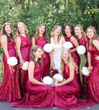Baoleely Sleeveless Mermaid Sequin Red Bridesmaid Dresses Round Neck