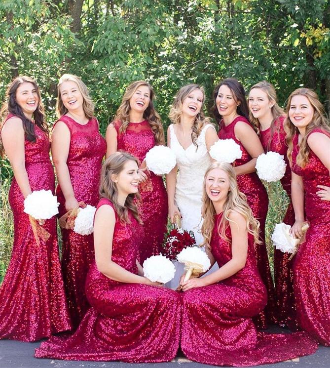 Baoleely Sleeveless Mermaid Sequin Red Bridesmaid Dresses Round Neck
