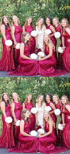 Baoleely Sleeveless Mermaid Sequin Red Bridesmaid Dresses Round Neck