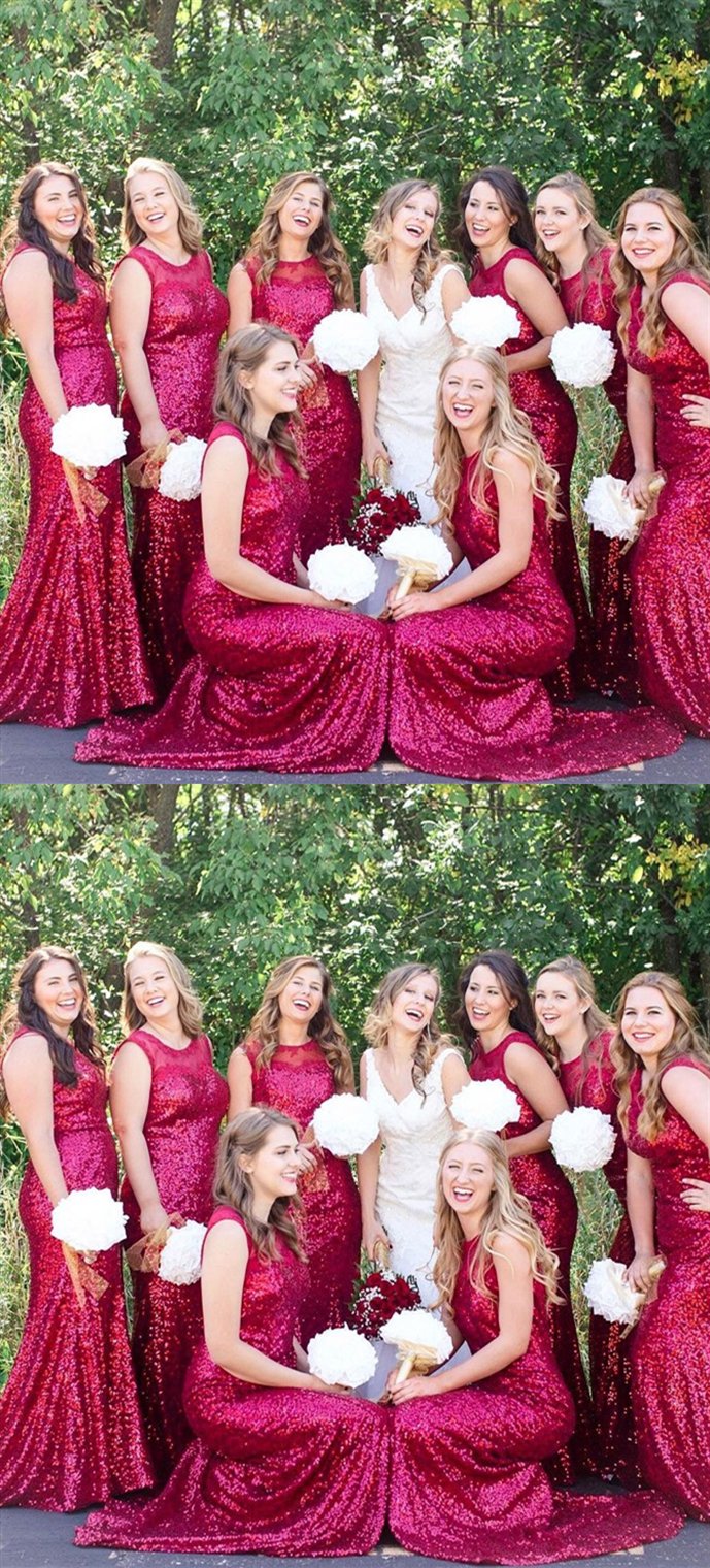 Baoleely Sleeveless Mermaid Sequin Red Bridesmaid Dresses Round Neck