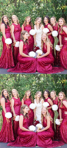 Baoleely Sleeveless Mermaid Sequin Red Bridesmaid Dresses Round Neck