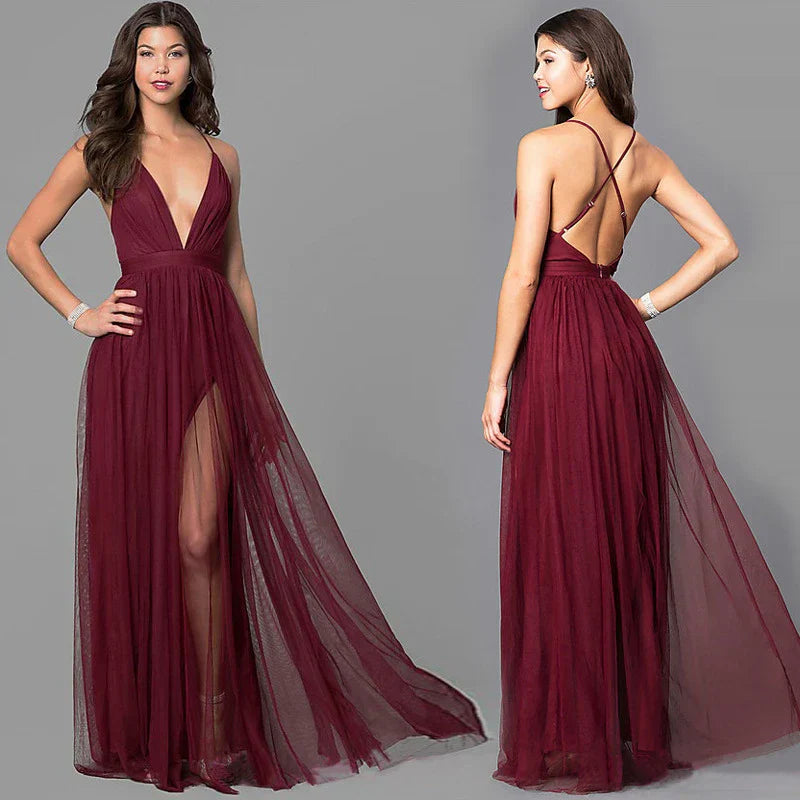 Vestidos de fiesta provocativos con escote en V, espalda descubierta y tirantes finos SYP169
