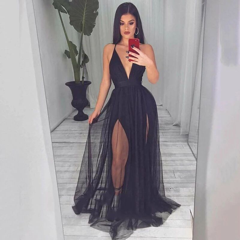 Vestidos de fiesta provocativos con escote en V, espalda descubierta y tirantes finos SYP169