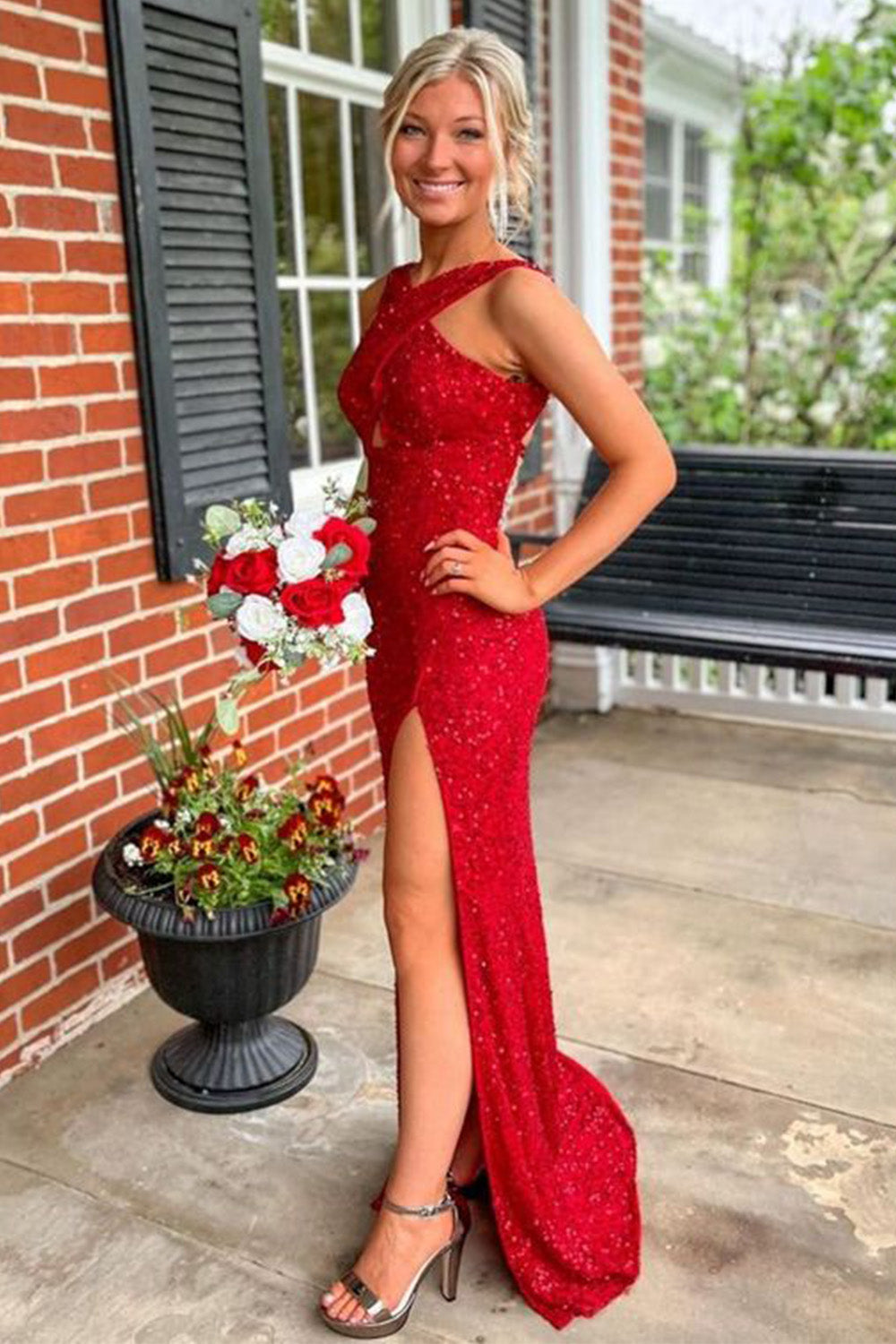 Sequin Evening Gown Criss Cross Halter Prom Dress with Slit VMP88