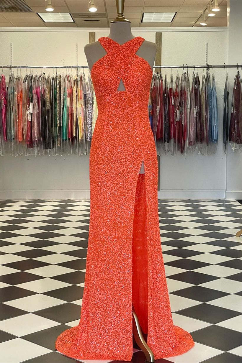 Sequin Evening Gown Criss Cross Halter Prom Dress with Slit VMP88