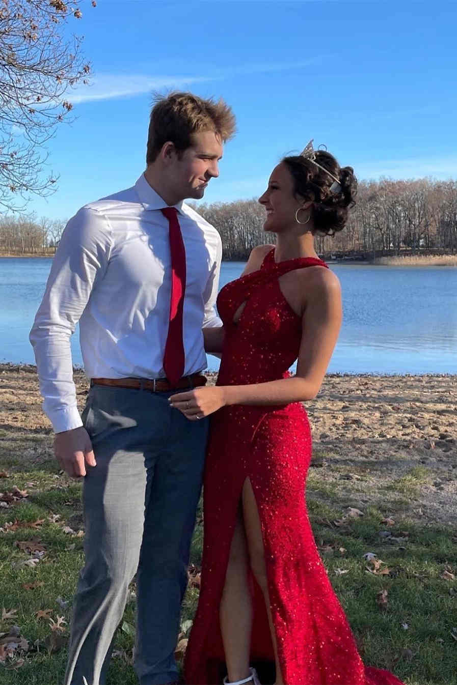 Sequin Evening Gown Criss Cross Halter Prom Dress with Slit VMP88