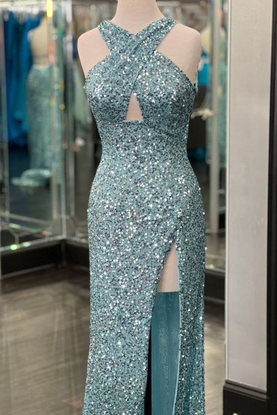 Sequin Evening Gown Criss Cross Halter Prom Dress with Slit VMP88