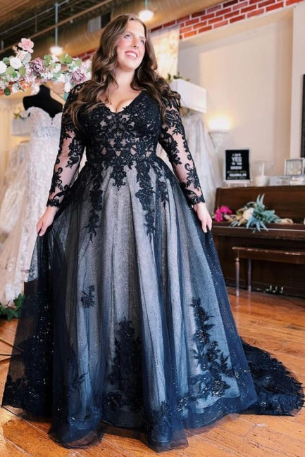 Robe de bal trapèze longue, fendue sur le devant, manches longues, col en V, avec applications
