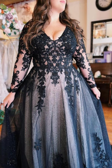 Robe de bal trapèze longue, fendue sur le devant, manches longues, col en V, avec applications