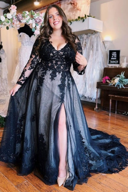 Robe de bal trapèze longue, fendue sur le devant, manches longues, col en V, avec applications