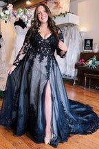 Robe de bal trapèze longue, fendue sur le devant, manches longues, col en V, avec applications