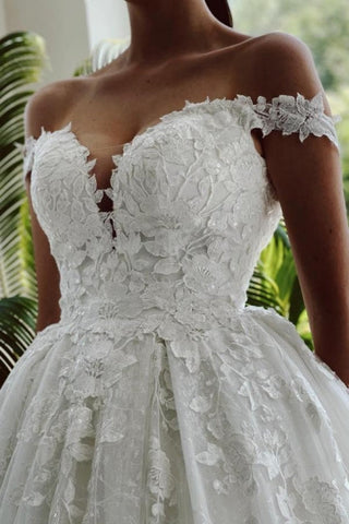 Vestidos de novia largos hasta el suelo, corte en A, escote corazón, hombros descubiertos, apliques de tul y encaje