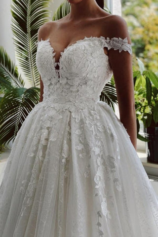 Vestidos de novia largos hasta el suelo, corte en A, escote corazón, hombros descubiertos, apliques de tul y encaje