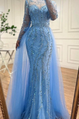Vestidos de fiesta de sirena hasta el suelo, de tul, con mangas largas, bordados y apliques en color azul océano.