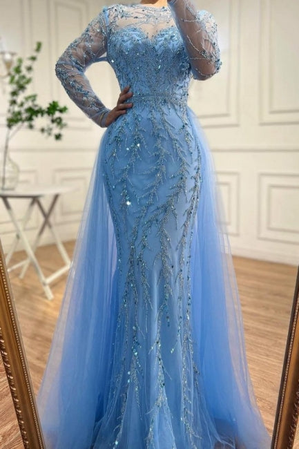 Robe de bal sirène bleu océan, longueur au sol, en tulle, manches longues, perles, avec appliques