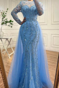 Robe de bal sirène bleu océan, longueur au sol, en tulle, manches longues, perles, avec appliques
