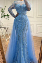 Robe de bal sirène bleu océan, longueur au sol, en tulle, manches longues, perles, avec appliques
