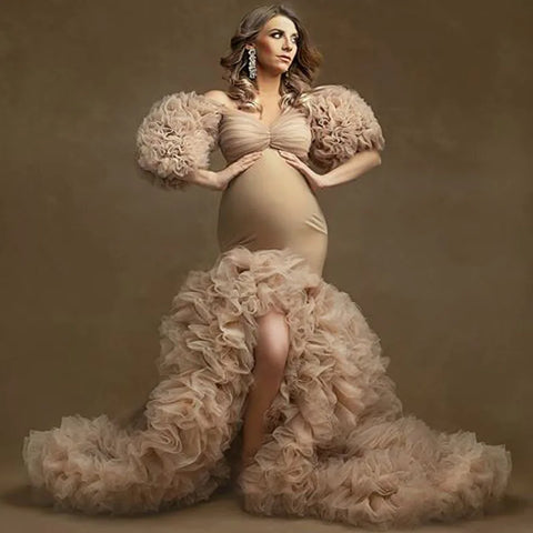 Vestidos de novia y maternidad con volantes florales, abertura sexy, mangas abullonadas, elásticos, hechos a medida, estilo sirena, para fiesta.