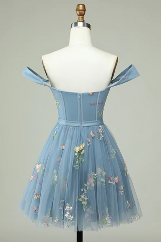 Vestido corto de fiesta con escote corazón y bordado floral, corte en A, para baile de bienvenida, PD472