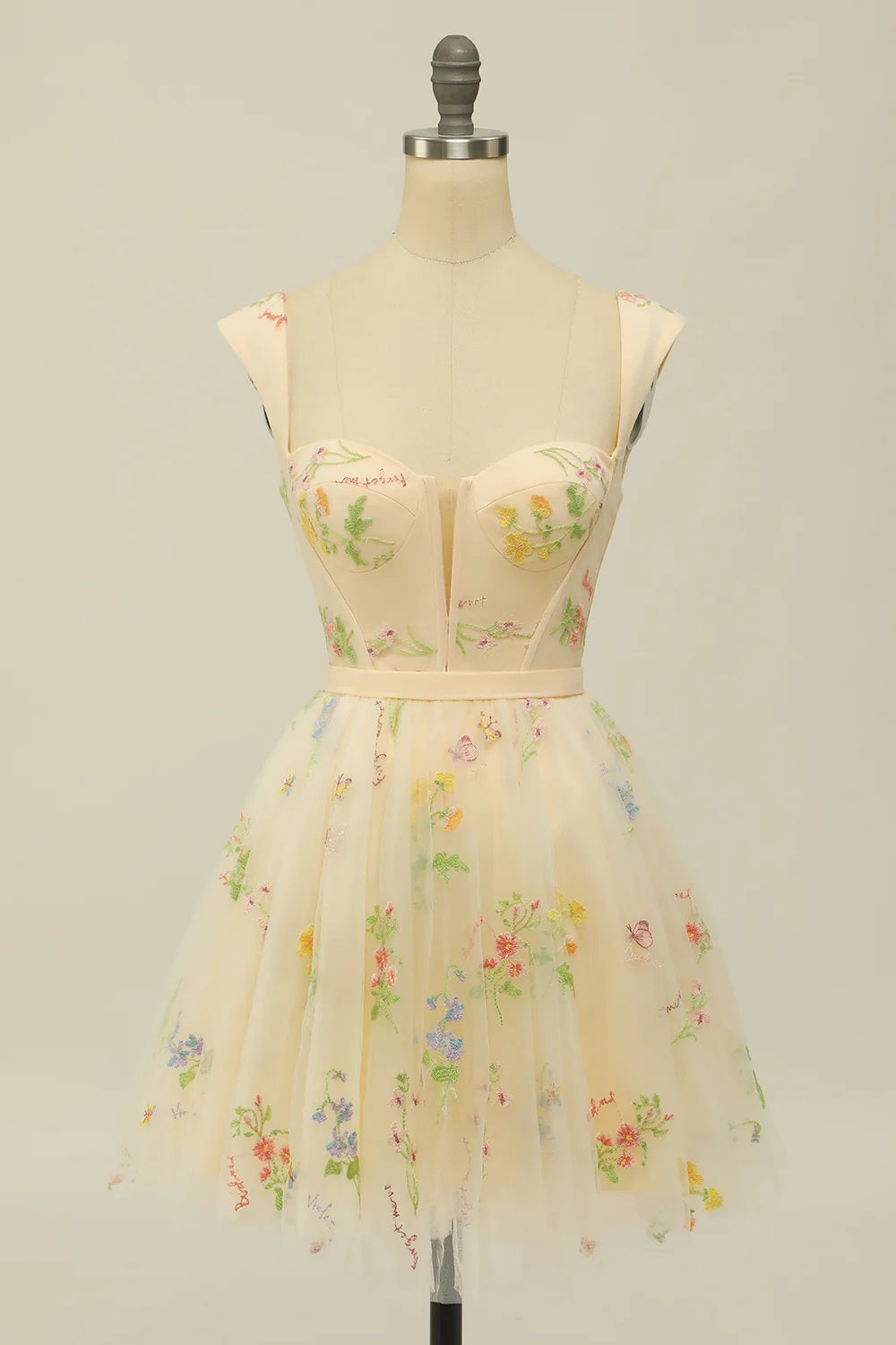 Vestido corto de fiesta con escote corazón y bordado floral, corte en A, para baile de bienvenida, PD472