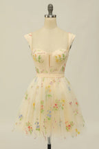 Vestido corto de fiesta con escote corazón y bordado floral, corte en A, para baile de bienvenida, PD472