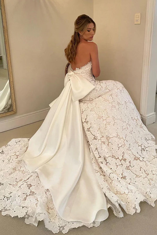 Floral Lace Strapless A Line Boho Ivory Wedding Dress with Satin Bowtie WD634